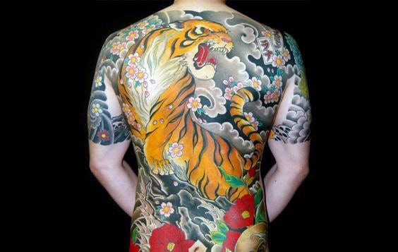 Man With Back Tattoo Of Japanese Tiger