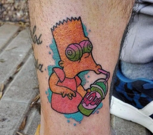 Colorful tattoo of Bart Simpson with trippy, spiraled eyes, sipping a Squishee in a psychedelic-inspired design.