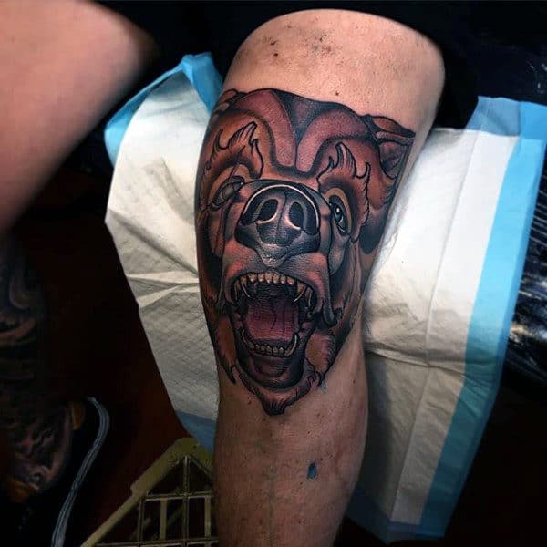 Man With Bear Knee Tattoo Neo Traditional Design Ideas