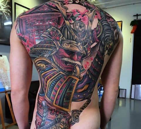 Man With Beautiful Japanese Scene Samurai And House Full Back Tattoo
