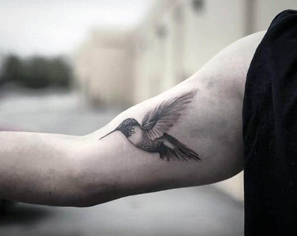 Man With Bicep Inner Arm Hummingbird Shaded Tattoo