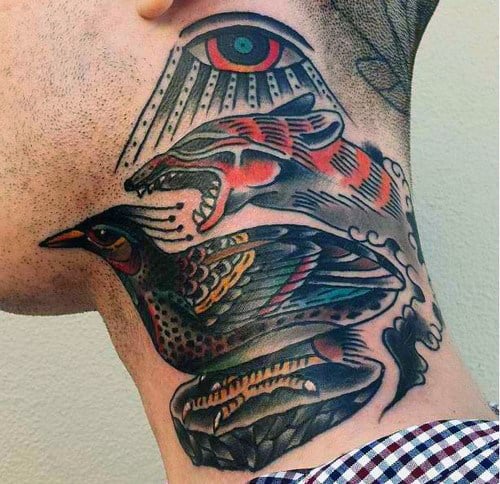 Man With Bird Fox And Eye Traditional Neck Tattoos