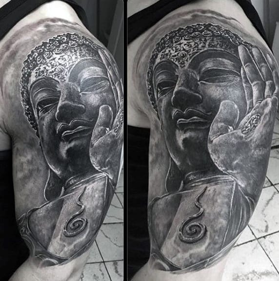 Man With Black Japanese Buddha Tattoo On Arms
