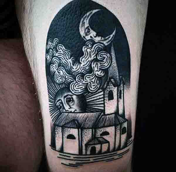 Man With Black Ink Moon And Sun Tattoo On Thigh