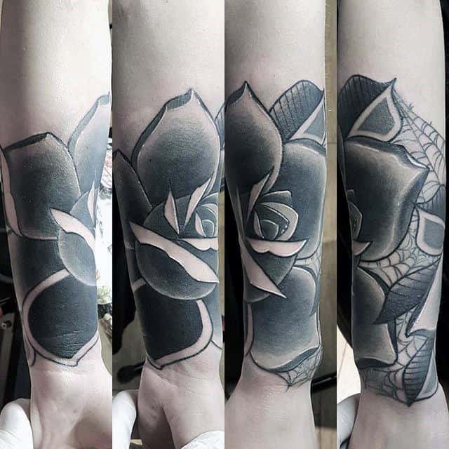 A four-panel view of a shaded rose tattoo on a forearm