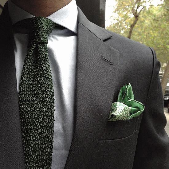 Man With Black Suit Fashionable Style Look Green Tie With Pocket Square