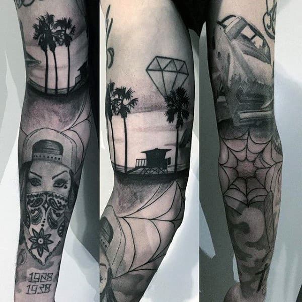 Man With Black Tribal Palm Tree Tattoo On Arms