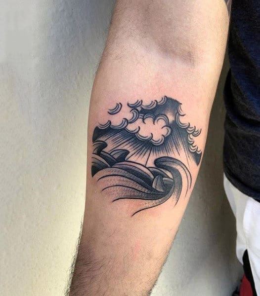 Man With Black Work Neo Traditional Forearm Tattoo Of Waves At Sunset