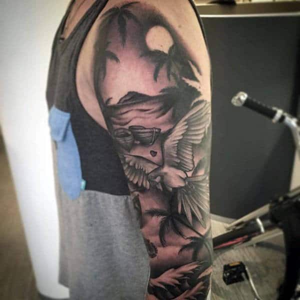 Man With Black Work Parrot On Palm Beech Upper Arm Sleeve Tattoo