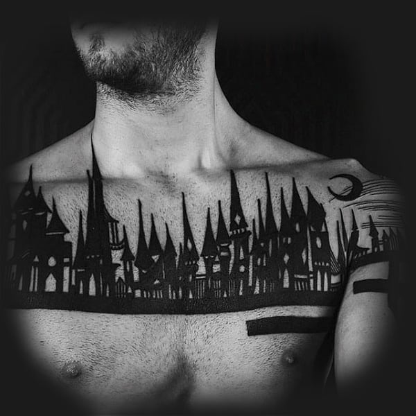 Man With Blackwork Castle Tattoo On Chest