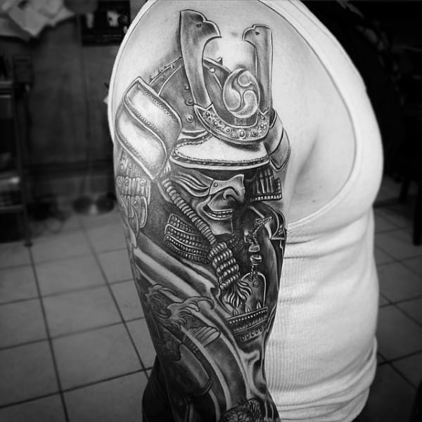 Man With Blackwork Shaded Traditional Samurai Mask Upper Arm Half Sleeve Tattoo