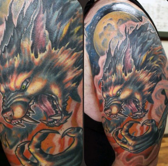 Man With Blazing Hot And Fiery Werewolf Tattoo On Upper Arm