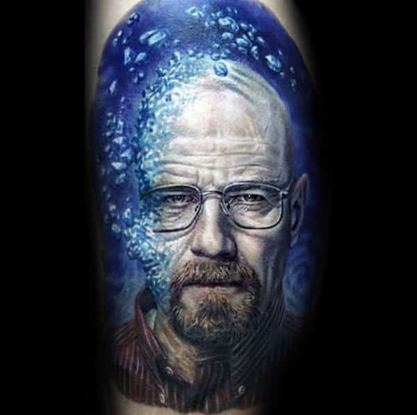 Man With Blue Crystal Breaking Bad Leg Tattoo