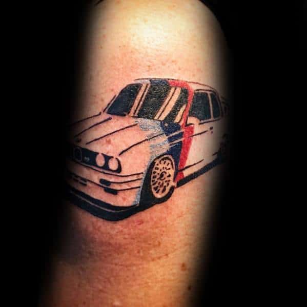 Minimalist BMW E30 M3 tattoo on arm, featuring bold black outlines and M tricolor stripes for a sleek motorsport-inspired design.
