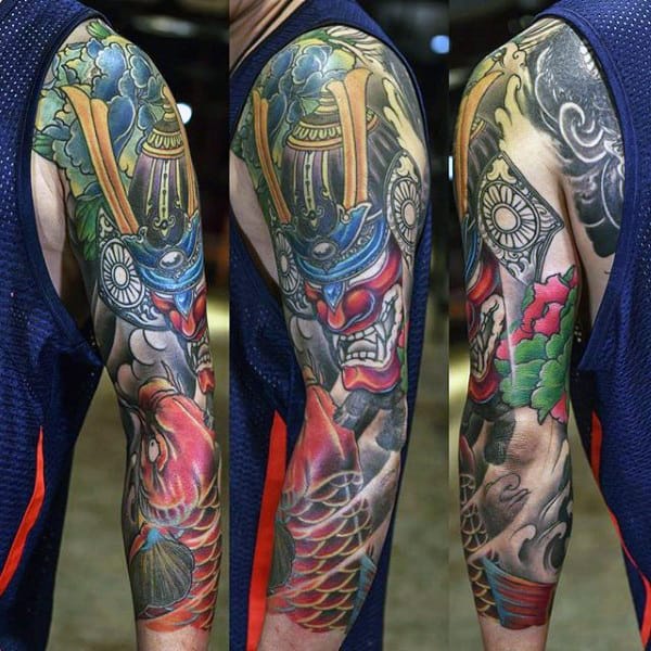 Man With Bold Samurai Mask And Koi Carp Full Sleeve Tattoo