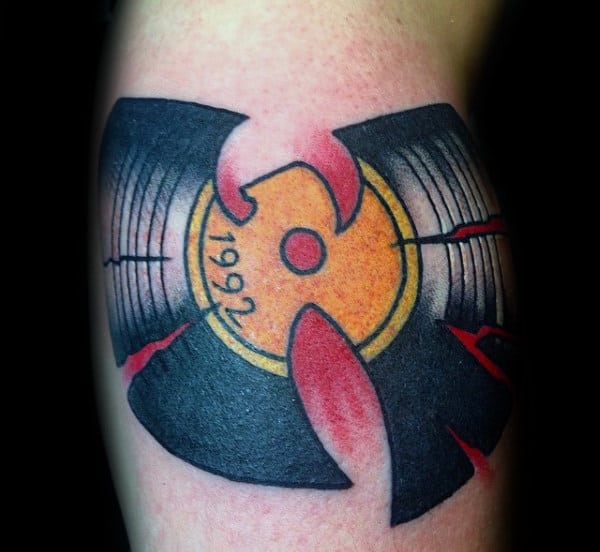 Man With Broken Record Wu Tang Leg Calf Tattoos