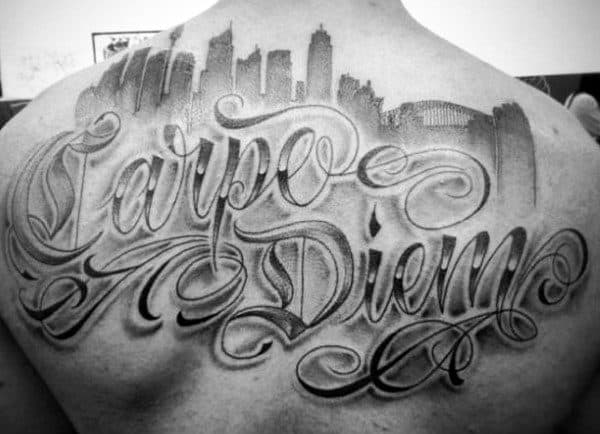 Man With Carpe Diem City Skyline Back Tattoo