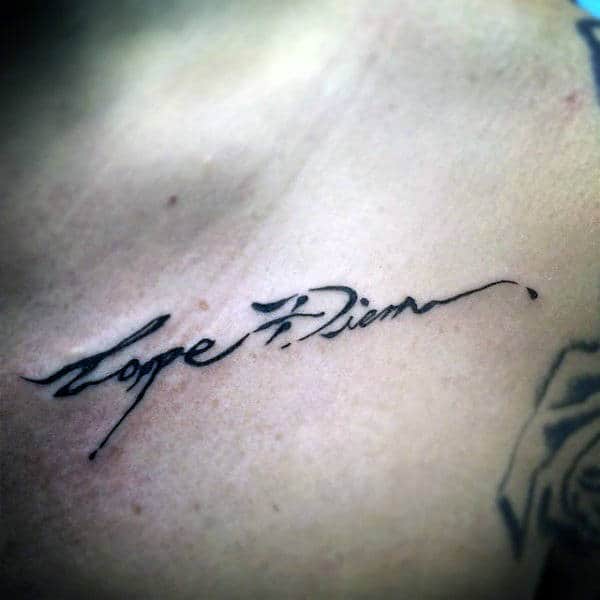 Man With Carpe Diem Handwritten Font Tattoo