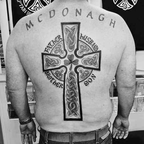 Man With Celtic Cross Tattoos On Back Traditional Irish Design