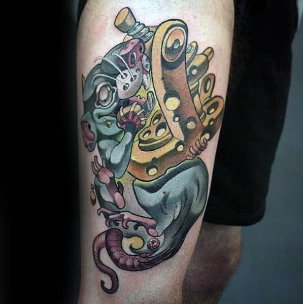 Colorful tattoo of a mischievous rat holding a giant wedge of Swiss cheese, featuring bold outlines, dynamic shading, and intricate details for a vibrant look.