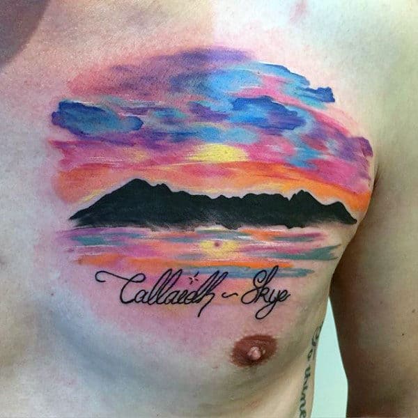 Man With Chest Tattoo Abstract Sunset And Mountain Range