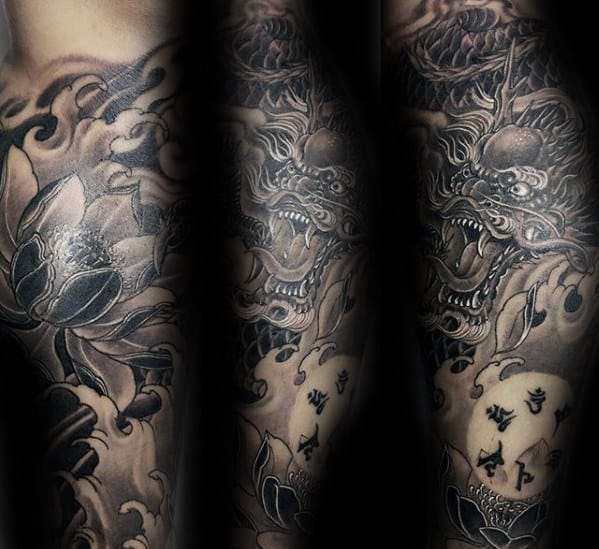 Man With Chinese Dragon Leg Tattoo Shaded Black And Grey Ink Design