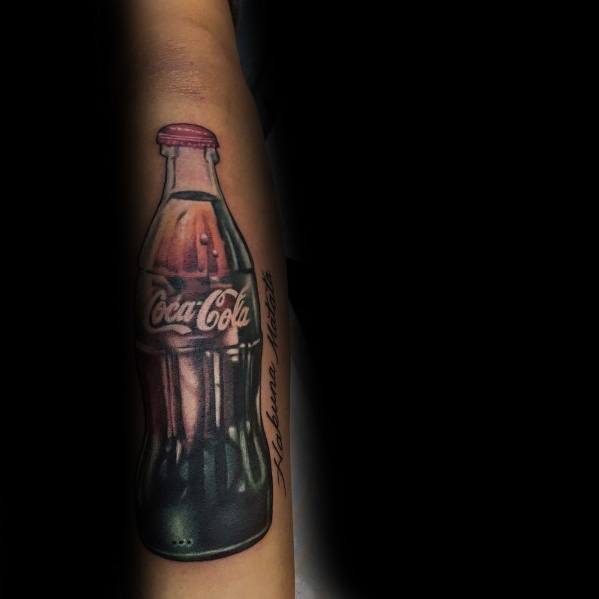 Hyper-realistic Coca-Cola bottle tattoo with detailed reflections, deep shading, and a glossy 3D effect, paired with cursive text for a personalized touch.