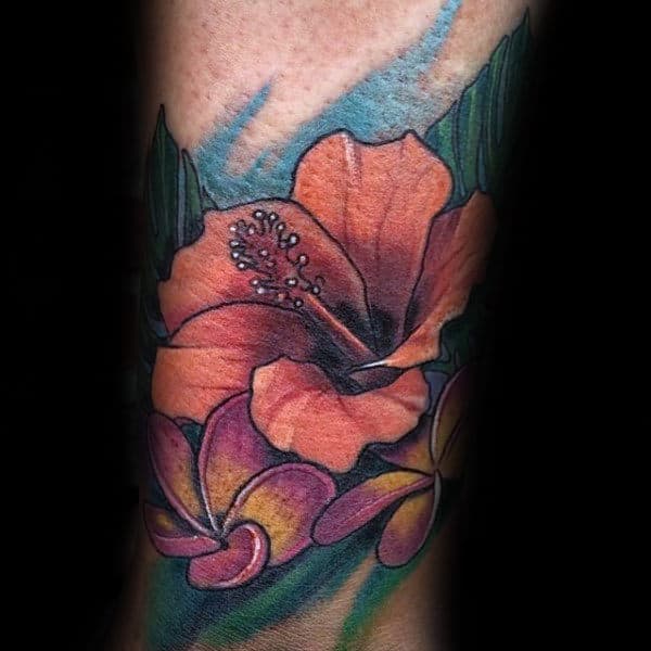 Man With Colorful Hibiscus Flower Forearm Tattoo