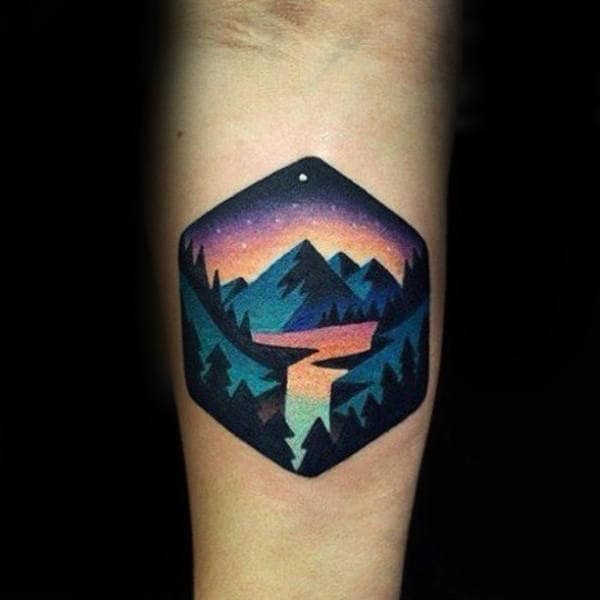 Man With Colorful Mountains Inner Forearms Tattoo