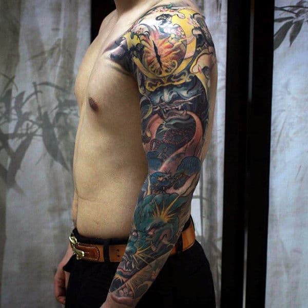 Man With Colorful Samurai Mask And Chinese Dragon Full Sleeve Tattoo