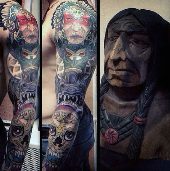 Man With Colorful Traditional Full Sleeve Of Totem Pole And Native American Tattoo