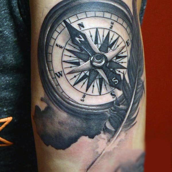 Man With Compass And Feather Tattoo On Shoulder