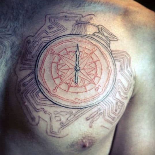 Man With Compass Circuit Board Chest Tattoo