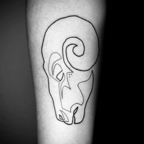 Minimalist continuous line tattoo of a ram on the forearm, featuring bold black ink with geometric and abstract strokes for a strong and artistic design.