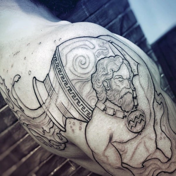 Man With Cool Aquarius Shoulder And Arm Tattoo