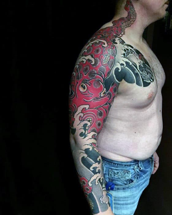 Man With Cool Japanese Octopus Sleeve Tattoo Design