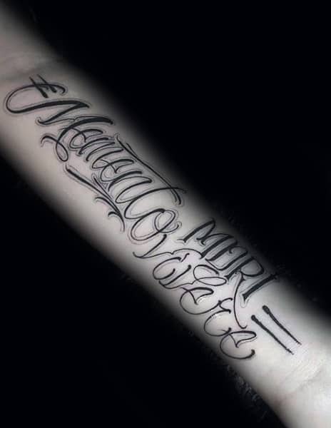 Man With Cool Memento Mori Script Tattoo Design On Inner Forearm