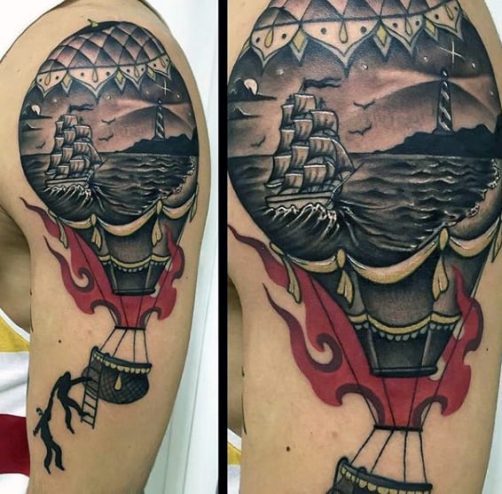 Man With Cool Nautical Hot Air Balloon Upper Arm Tattoo