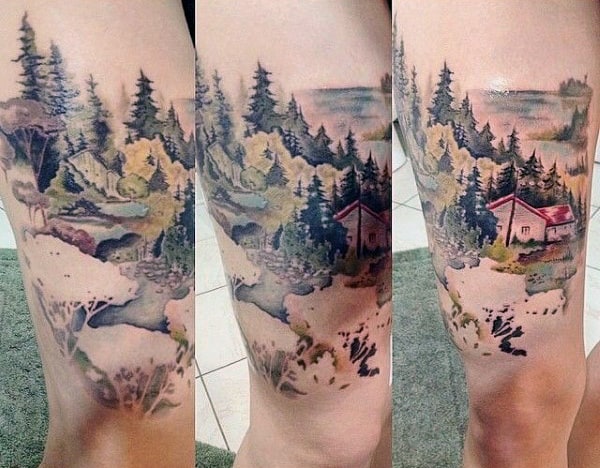 Man With Cool Pine Tree Tattoo Above Knee Cap