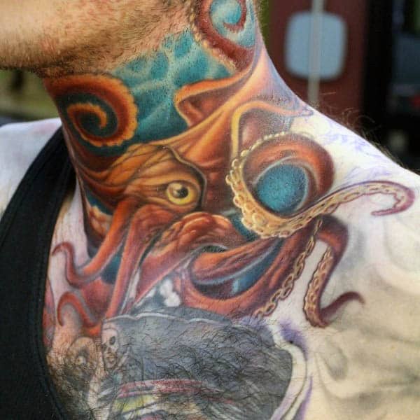 Man With Cool Underwater Squid Tattoo On Neck
