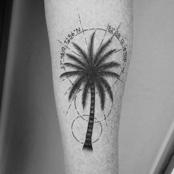 Detailed palm tree coordinate tattoo on the forearm with fine line shading and circular geometric elements, symbolizing a tropical destination.
