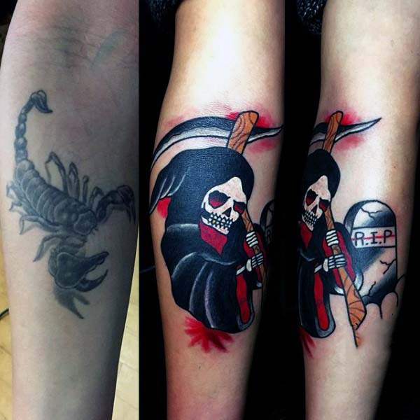 Man With Cover Up Tattoo Of Grim Reaper And Rip Tombstone