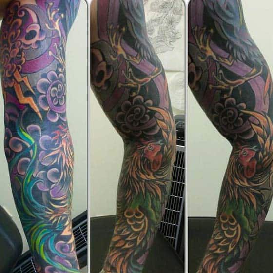 Man With Creative Purple Rooster Tattoo Full Sleeve