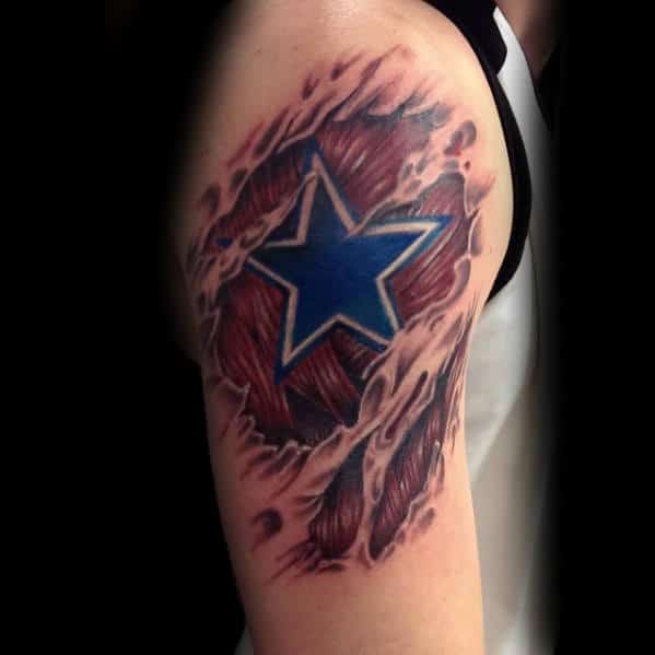 Man With Dallas Cowboys 3d Torn Skin Arm Tattoo With Star Design