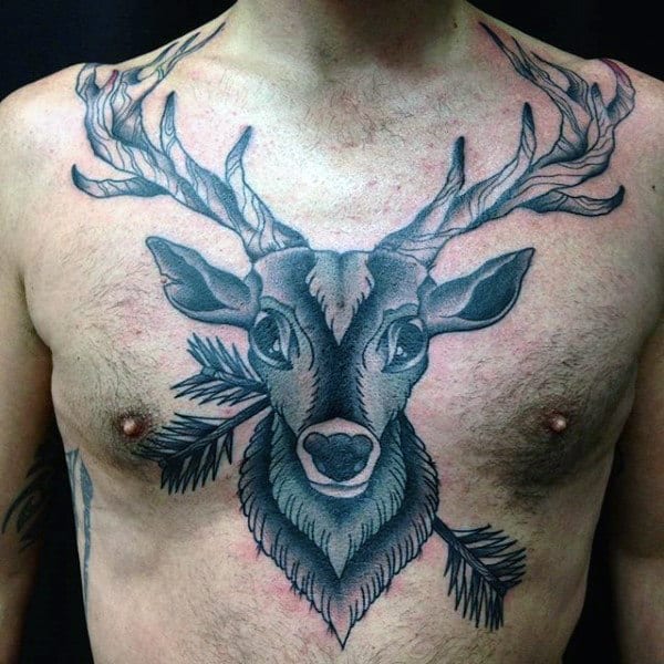 Man With Deer Tattoo On Chest With Arrows