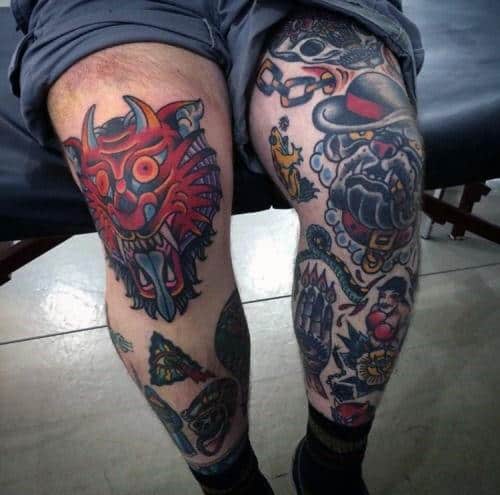 Man With Demon Traditional Leg Knee Tattoo