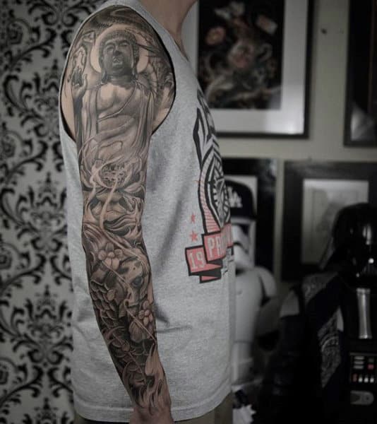 Man With Detailed Buddhism Art Tattoo Full Sleeve Inpsiration