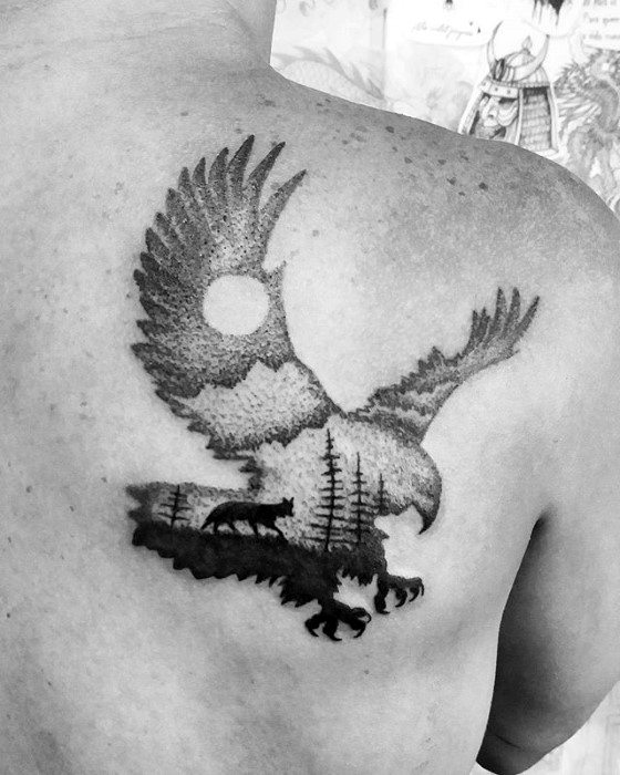 Man With Detailed Eagle Landscape Back Tattoo