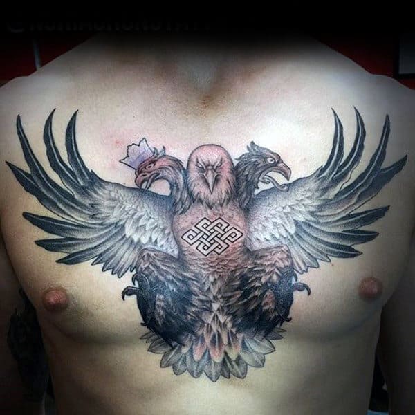 Man With Diving Three Headed Hawk Chest Tattoo Watercolor Style