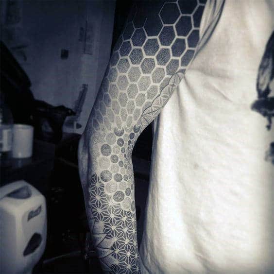 Man With Dotted Design Monochrome Honeycomb Tattoo Full Sleeve